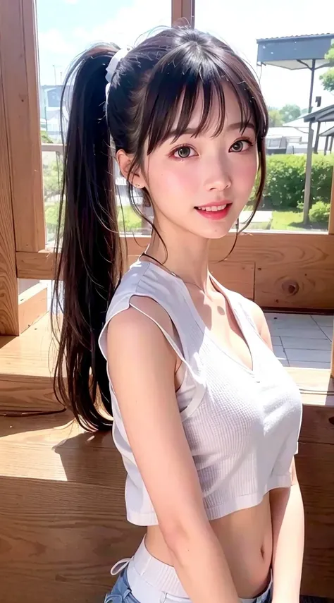 ((top quality、8K、​Masterpiece:1.3, Realism:1.4, Realistic human skin)), white beaches, permanent, whole body, Japanese high school girl, 1 female, A black-haired one, Have bangs, medium sized breasts, split, ((white vest:1.2, shorts, Double ponytail hairst...