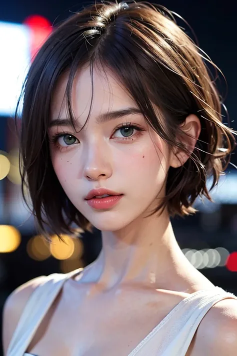1girl, Tokyo street,night, cityscape,city lights, upper body,close-up, 8k, RAW photo, best quality, masterpiece,realistic, photo-realistic, green eyes, short hair