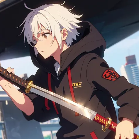 Close up of a young man in a side view, with white hair and and brown eyes, wearing a black hoodie and holding a katana