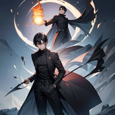 illustration of 1 young man, black turtle neck shirt,long coat, wanostyle, holding a fire spire,, surounding by an orb of fire, ((anime)), 8k, ((masterpiece)), HDR, highly detailed, professional,depth the field,wide angle,wide point of view, ultra realisti...