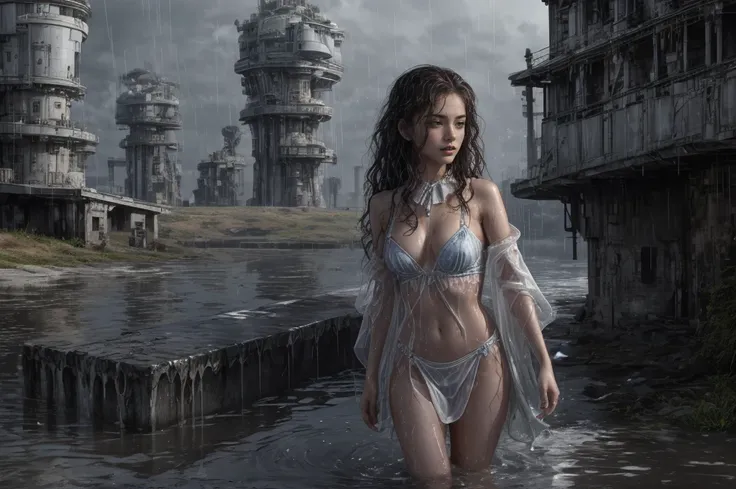 Сильный rain, Beautiful woman with wavy hair and red squid tentacles, Detailed traced face, full length, walks in the water, drowning in a swamp, Delicate and charming eyes, Thigh notch, sexy long legs, short wet t-shirt , Thin body, cutout at the hips, Ni...