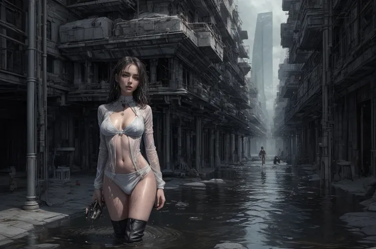 Сильный rain, Beautiful woman with wavy hair and red squid tentacles, Detailed traced face, full length, walks in the water, drowning in a swamp, Delicate and charming eyes, Thigh notch, sexy long legs, short wet t-shirt , Thin body, cutout at the hips, Ni...