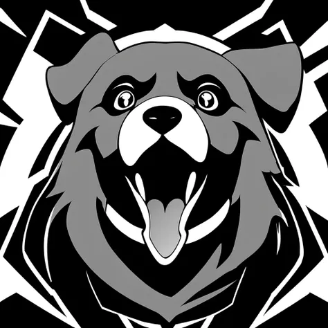 monochrome, greyscale, no humans, black background, comic, emblem,dog