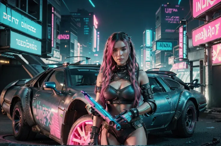 ((best quality ultra detailed)), ((masterpiece)), (highly detailed:1.3), 3D, Beautiful (cyberpunk:1.3) (((define the details very well))), Beautiful woman with wavy and voluminous hair in modern style,((with weapons in hands)), (((futuristic mad max movie ...