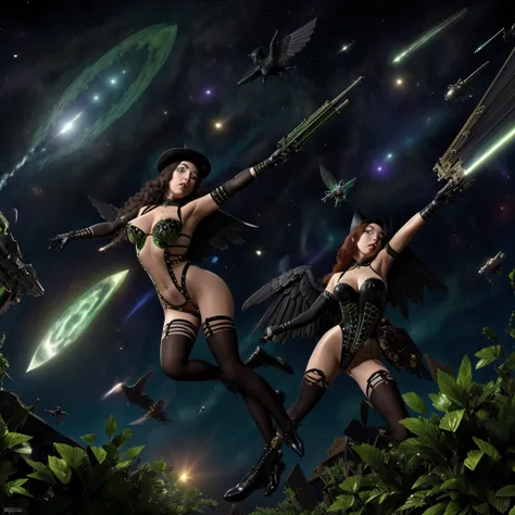 steampunk, several sexy witches are racing their broomsticks in space, they are trying to catch a green comet. winged black cats chase and observe. nakedtape, sensual, sexy, enthralling