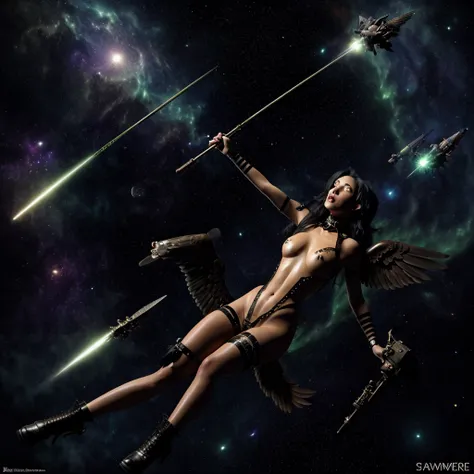 steampunk, several sexy witches are riding their flying broomsticks in space, they are trying to catch a green comet. winged black cats chase and observe. nakedtape, sensual, sexy, enthralling