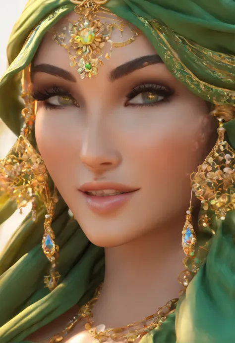 nude belly dancer, jasmine, hyper realistic, full body shot, huge breasts tits  bust jugs, smile, (wide hips:1.3), narrow waist, open mouth, green eyes, jewelry, very long lush curly shiny hairstyle, flower, earrings, necklace, off shoulder, bracelet, gold...