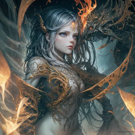 art by ((Luis Royo)) A scary breathtaking Ghost Jinnat, Jinn, Demon, Ifrit, horror, haunted, ghost, night scary, luminism, ultra highly detailed, 32 k, Fantastic Realism complex background, dynamic lighting, lights, digital painting, intricated pose, highl...