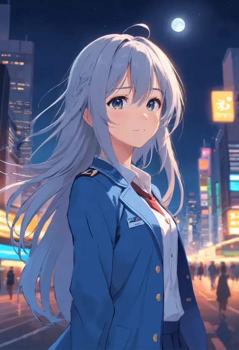 long hair，night，full moon，silver haired girl，uniform，slight smile，View photos taken