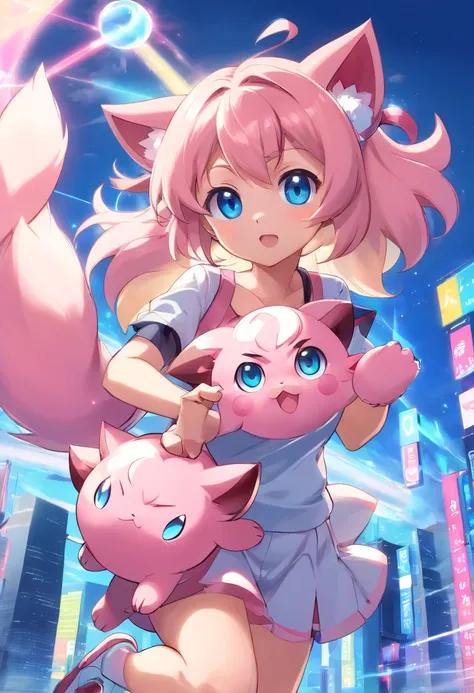 1 girl paying with Jigglypuff, Jigglypuff is playful and cute，Liveliness and agility，pink soft hairs，sparkling big eyes, Cute little 。(Jigglypuff:1.5)