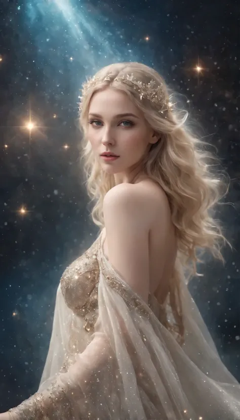 A young beautiful woman, goddess of stars, long wet pale blonde hair, perfect body, perfect round breast, soft and attractive, wearing ancient styled glittering peplos, standing and starring, sparkling and glittering stardust around her, high resolution, f...