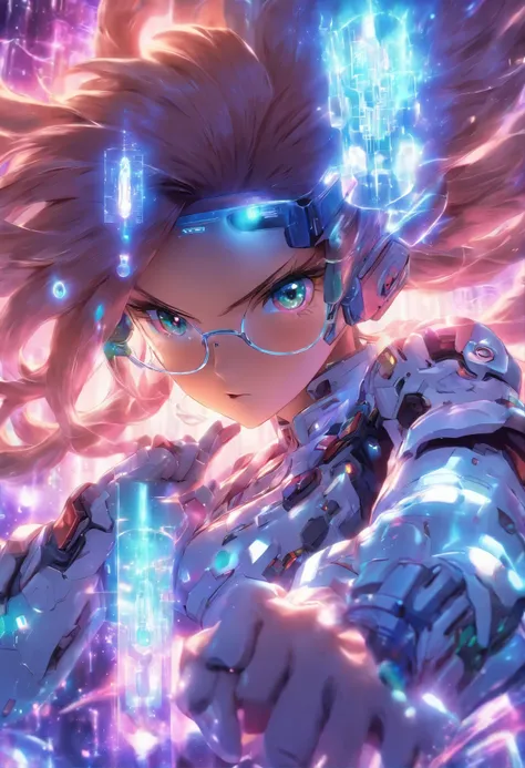 2. Hikari:

Description: Hikari is an intelligent scientist with long flowing hair and futuristic glasses. She wears a technological outfit with crystal symbols. Na imagem, she is holding a technological device, with holographic screens displaying informat...