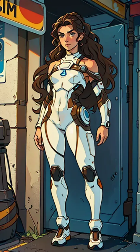 (((full body photo)))  masterpiece, best quality, realistic, (Caucasian teen), 18 years old, hazel eyes, (wavy brown hair), (hair tied back), small breasts. She is wearing a white off-the-shoulder sci-fi suit (futuristic town background)