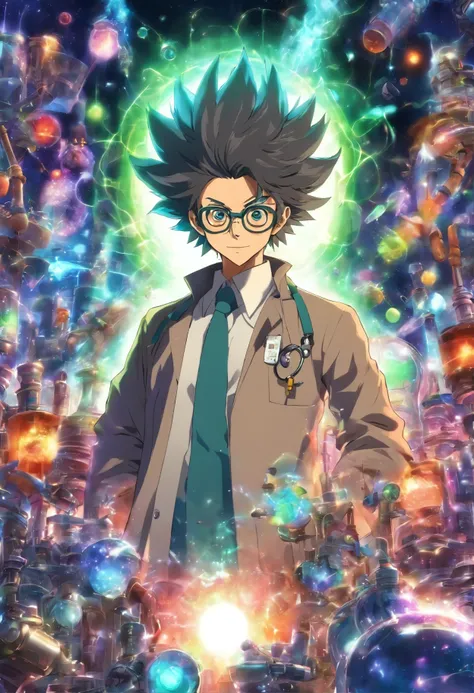 Dr. Kuro, the Scientist Description: Dr. Kuro is an eccentric scientist with shaggy hair and shiny glasses.. He carries strange gadgets and always has an air of scientific enthusiasm. Na imagem, he is surrounded by technological experiments.