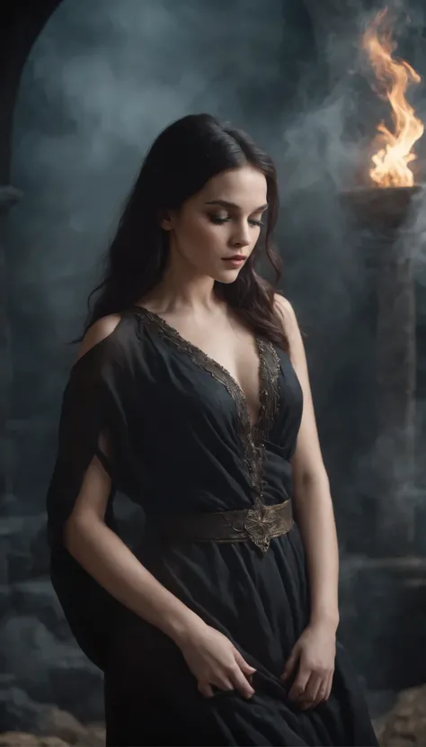 A young beautiful woman, goddess of darkness, long wet jack black hair, perfect body, perfect round breast, soft and attractive, wearing ancient styled black linen peplos dress, standing and starring, dark smokes around her, high resolution, fantasy photo,...