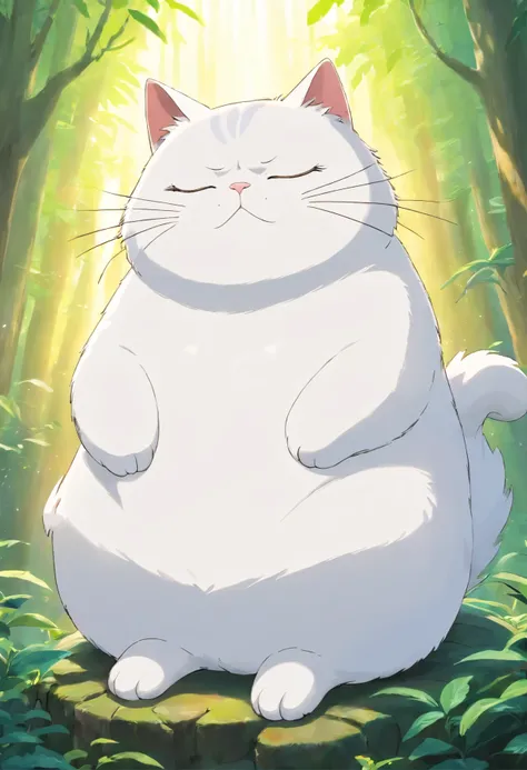 white wise fat cat meditating with closed eyes 