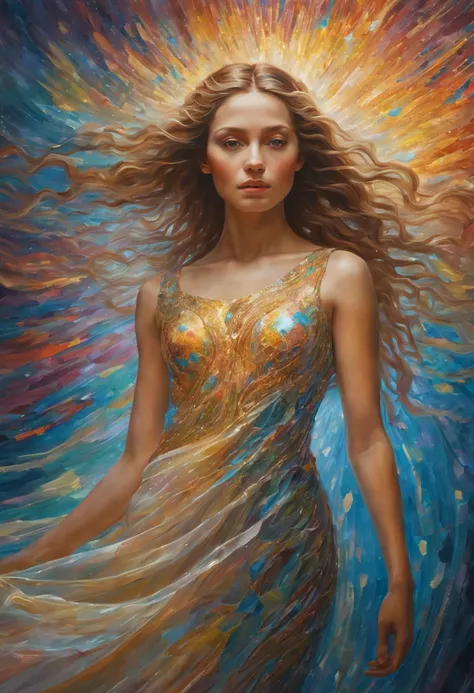 A breathtakingly detailed shot of an iridescent oil painting brings to life a divine girl, her ethereal aura radiant with divinity. With a face following the golden ratio and divine proportions, her countenance captivates with masterful brushwork. Her shor...