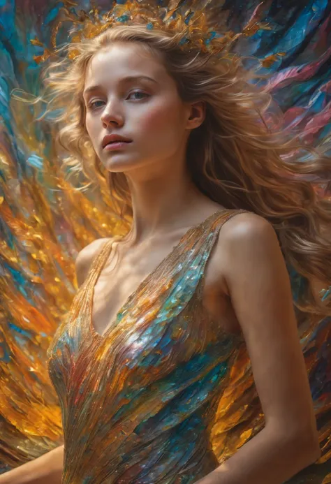 a breathtakingly detailed shot of an iridescent oil painting brings to life a divine girl, her ethereal aura radiant with divini...