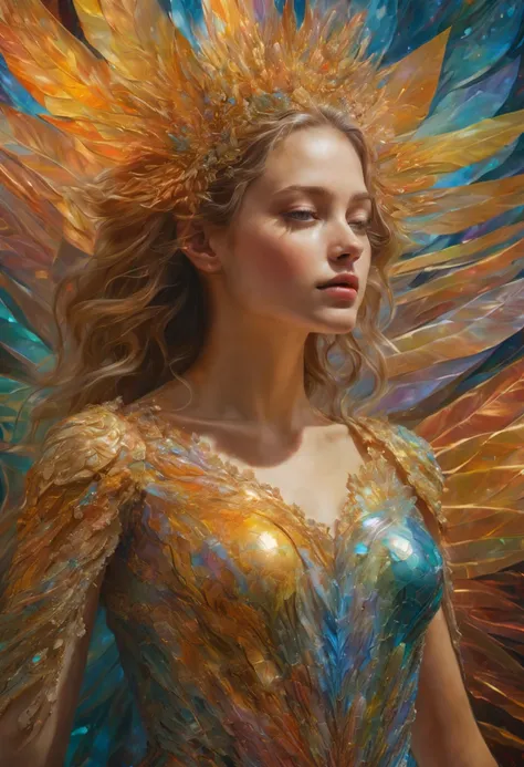 A breathtakingly detailed shot of an iridescent oil painting brings to life a divine girl, her ethereal aura radiant with divinity. With a face following the golden ratio and divine proportions, her countenance captivates with masterful brushwork. Her shor...