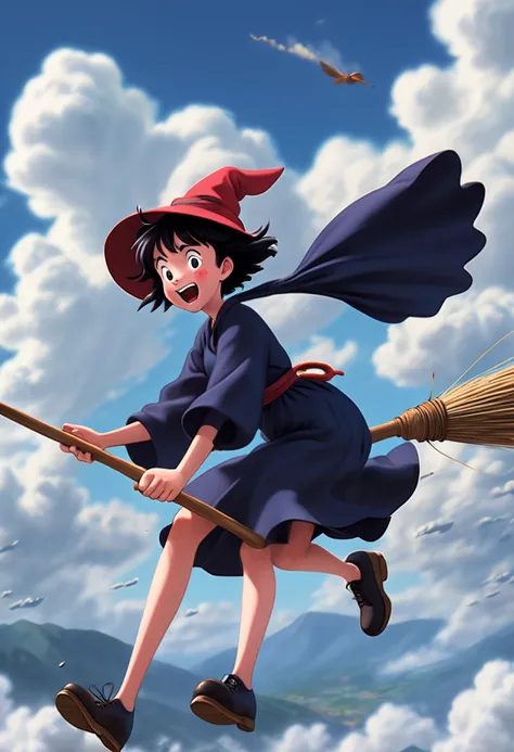 witches Flying Broomstick Race, movie "Kikis Delivery Service", broom, high altitude clouds, (Motion Blur, best composition), (best quality, masterpiece, Representative work, official art, Professional, Ultra high detail, 8k:1.3)