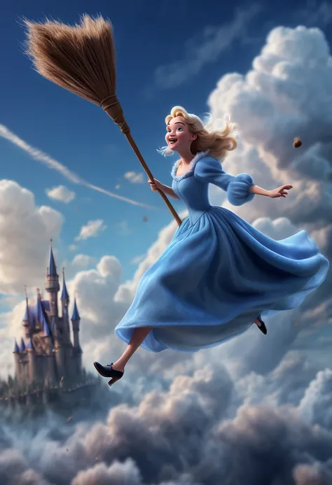 witches Flying Broomstick Race, movie "Cinderella", broom, high altitude clouds, (Motion Blur, best composition), (best quality, masterpiece, Representative work, official art, Professional, Ultra high detail, 8k:1.3)