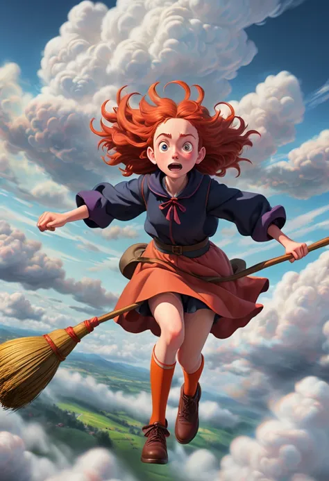 "Mary and The Witchs Flower", on the Broom, Flying Broomstick, chasing Race, among the clouds, high altitude, (Motion Blur, best composition), (best quality, masterpiece, Representative work, official art, Professional, Ultra high detail, 8k:1.3)