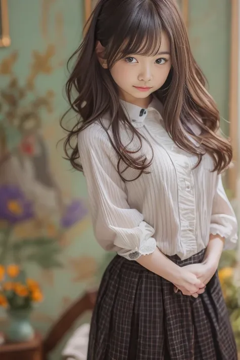 (arms behind back) , masterpiece , top quality , very detailed , 1 person, ((contrasting eyes)) , standing , blouse, skirt , bangs , room , indoor