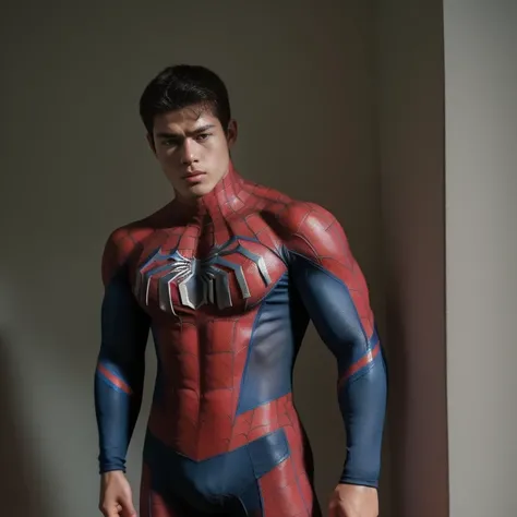 A teen (young) muscular mexican hero with Spider-man suit, big muscles. Very handsome teen. full length shot. 16k resolution , ultra-high clarity , hyperrealism, uhd
