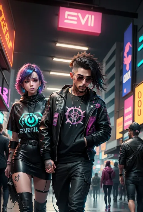 Cambio de fondo, cyberpunk guapo novio y novia,8k, cara realista, rop de cuero, varios colores, adornos en orejas y tatuajes, peinados modernos y brillosos, ciudad ciberpunk, dark, de noche, luces de neon, iluminar a los novios. 