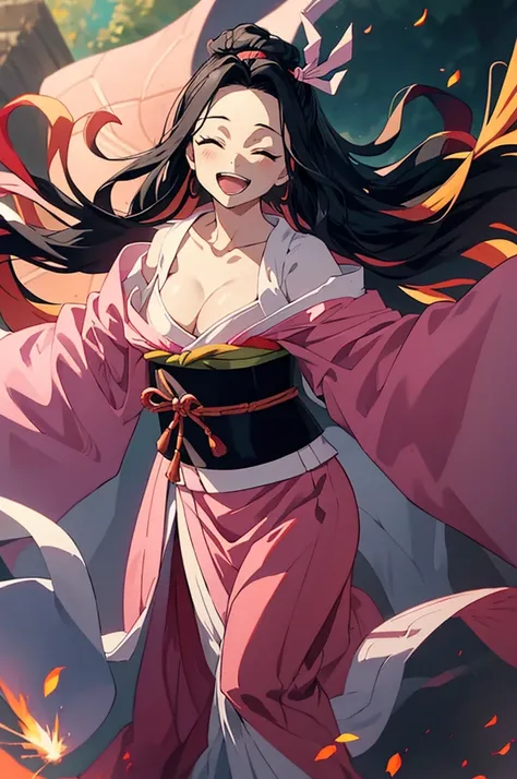 anime, hdr, soft light, ((best quality)), ((masterpiece)), (detailed), nezuko, black hair, forehead, open mouth smiling, eyes closed big fangs, very long hair, hair ribbon, japanese clothes, pink kimono, multicolored hair, pink ribbon, cleavage, standing, ...