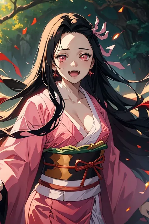 anime, hdr, soft light, ((best quality)), ((masterpiece)), (detailed), nezuko, black hair, forehead, open mouth smiling,  big fangs, very long hair, hair ribbon, japanese clothes, pink kimono, multicolored hair, pink ribbon, cleavage, standing, destruction...