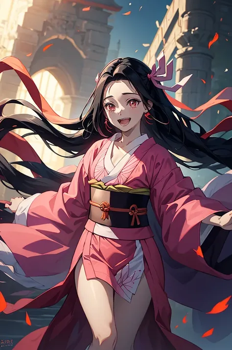 anime, hdr, soft light, ((best quality)), ((masterpiece)), (detailed), nezuko, black hair, forehead, open mouth smiling,  big fa...