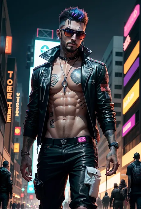 Cambio de fondo, cyberpunk hombres guapos y fornidos,8k, cara realista, ropa de cuero, varios colores, adornos en orejas y tatuajes, peinados modernos y brillosos, ciudad ciberpunk, dark, de noche, luces de neon, iluminar en los cuerpos y ropa, 8k