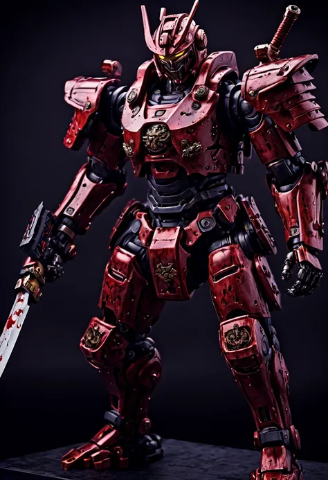 war scene , japanese warrior, fighting stance, samurai, cyber armor, mechanical arm, mecha, ready to slash, epic scene, battle, blood, cables, exclusive, photography, award winning, ultra-detailed