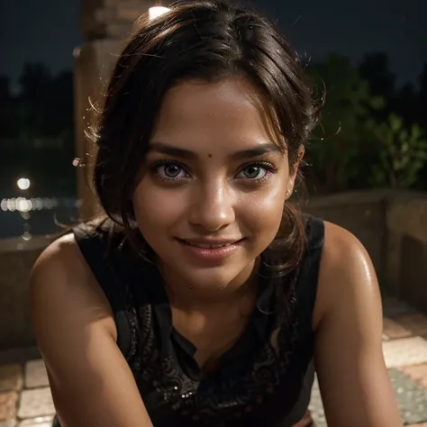 a beautiful turkish lady sitting on a stairs of a park which has a lake and lamp lights in india  in a rainy night, crazy eyes, light smile, expressions, bright pupils, crazy eyes, light smile, expressions, bright pupils, depth of field, glowing light, bac...