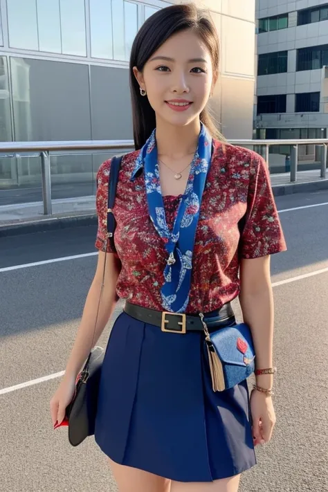 beautiful flight attendant woman。she is wearing a floral patterned shirt、I&#39;m wearing a scarf around my neck。The shirt is short sleeved、The scarf is accented with red and blue colors.。Also、she is wearing a tight black skirt、I have a red belt around my w...