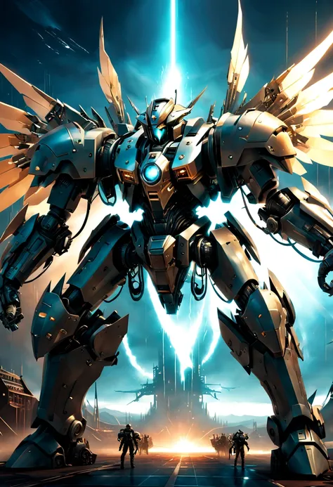 A miracle of technology. Mechanical warriors are a miracle of technology.，Advanced technology,futuristic glowing, armor, Glowing mecha, They have large wings and advanced weapons and equipment，Cyberpunk can exert powerful power in battle,Mechanical,glowing...