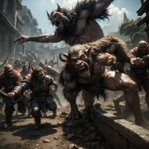 a crowd of orcs, which is rushing straight at us with a menacing battle cry, the style of Luis Royo, Luis Royo and the Greek Rutkowski
