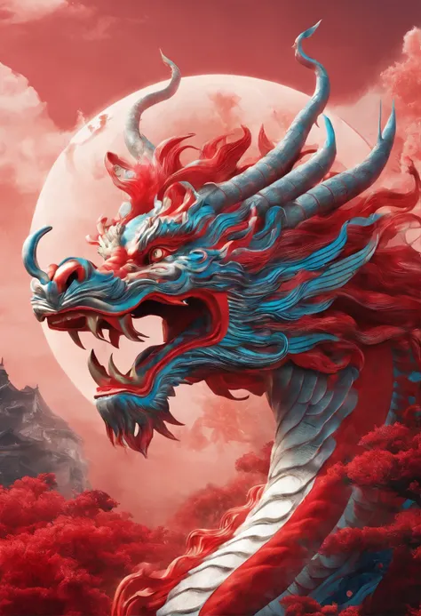 On a poster of a Chinese drama, there is a red Chinese dragon with a vibrant Chinese dragon style, oshare kei, uhd image, maggismo, photobashing, red, Safflower element, smoke shrouded in dreamy and exquisite details, 8k