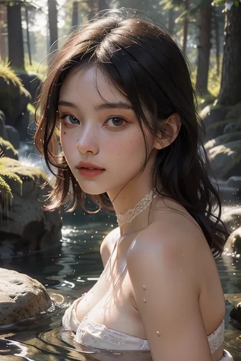 Best quality, masterpiece, super high resolution, a super model soaking in a cold winter in Russia, outdoor hot spring, stone hot spring, surrounded by moss and trees, super beautiful face, pure body, clear pores visible, (smile:0.8), wearing split (lace b...