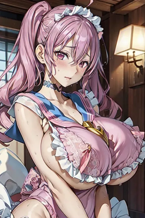 masterpiece, best quality, ultra high res, beautiful detailed hair detailed face, perfect feminine face, (((kashima))), azur lane, twintails hair, ahoge, silver hair, (pink croped sailor gown, lace, frills:1.6),(coverd nipple:0.9), (sagging breasts,giganti...