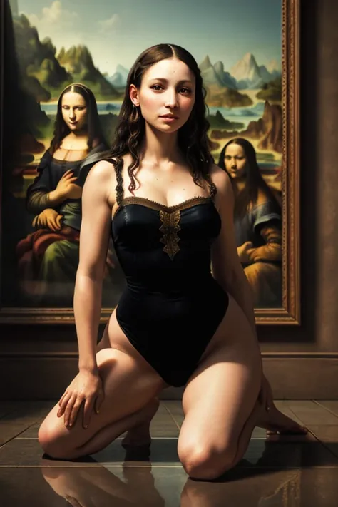 Depraved Mona Lisa in kneeling pose, ( looking at viewer:1.5), high definition, best quality, ultra high res, (photorealistic:1.5), (Skin reflection:1.3), RAW photo, physically-based rendering, shiny skin, curvy