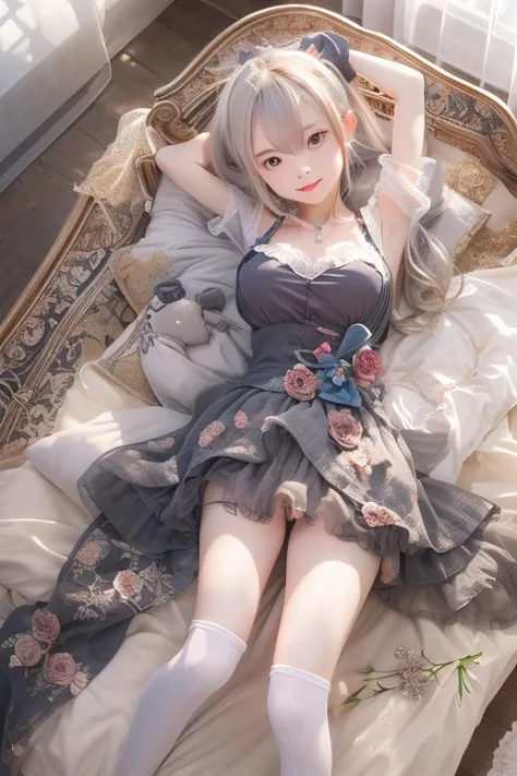 Masterpiece, Top Quality, Highly Detailed, Dress, Alone, ((Contrasting Eyes)), (lying down), (spreading legs), arms raised, armpits, from above, smiling, bedroom