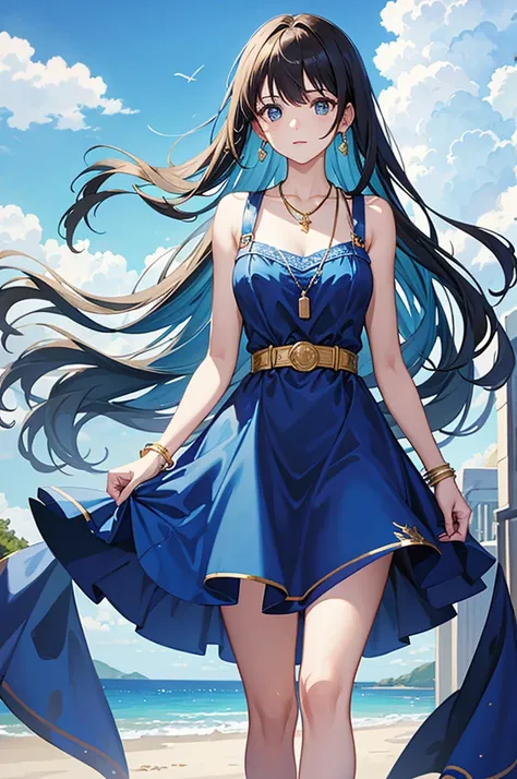 Wearing a blue dress above the blue sky、woman wearing gold belt and necklace