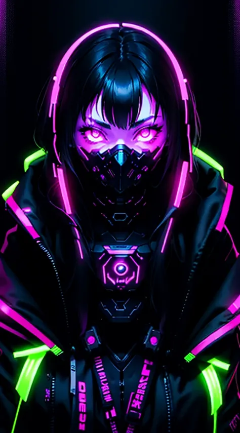 girl in a hoodie with a neon mask, phantom neon, neon & dark, profile picture 1024px, background image, dark art style, neon cyb...