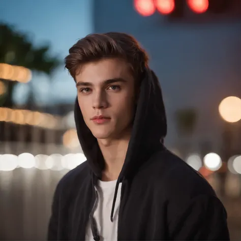 An ultra-realistic photograph captured with a Sony α7 III camera, 5mm with Kodak Portra 400 film, equipped with an 85mm lens at F 1.2 aperture setting, portraying a justin bieber of 2015, standing in a night street with purple and pink neon lights. The bac...