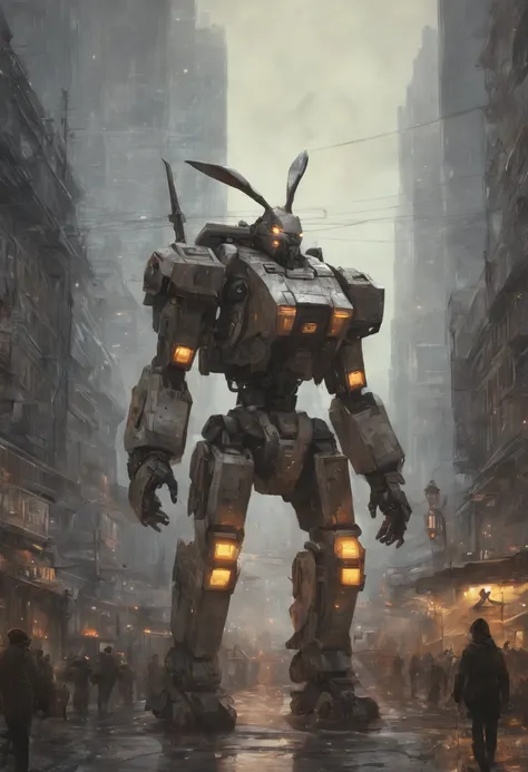 Mecha Warrior, Giant mecha robot rabbit towering the city!! :: concept art, 16k resolution digital art by Klaus Wittmann, Alejandro Burdisio, Ismail Inceoglu, Jeremy Mann, Ilya Kuvshinov, highly detailed, hyperrealistic, volumetric lighting, Muted colors, ...