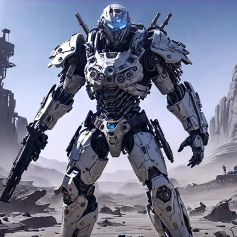 (远景:1.8), (全身照:1.5), A half-mechanical male warrior with cybernetic enhancements stands in a futuristic battlefield, aiming his rifle. His body is a complex assembly of intricate mechanical parts, cables, and gears, symbolizing the fusion of human and mach...