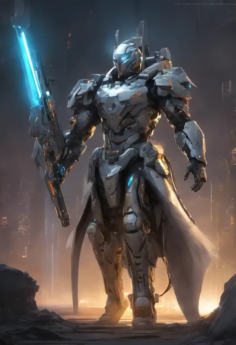 (远景:1.8), (全身照:1.5), A half-mechanical male warrior with cybernetic enhancements stands in a futuristic battlefield, aiming his rifle. His body is a complex assembly of intricate mechanical parts, cables, and gears, symbolizing the fusion of human and mach...