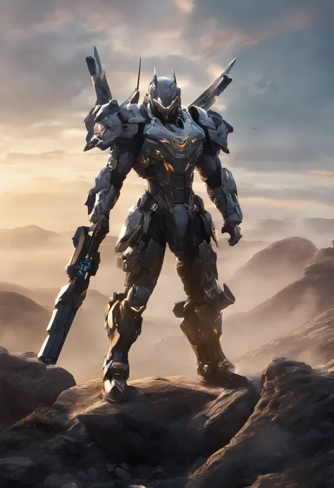 (远景:1.8), (全身照:1.5), A half-mechanical male warrior with cybernetic enhancements stands in a futuristic battlefield, aiming his rifle. His body is a complex assembly of intricate mechanical parts, cables, and gears, symbolizing the fusion of human and mach...